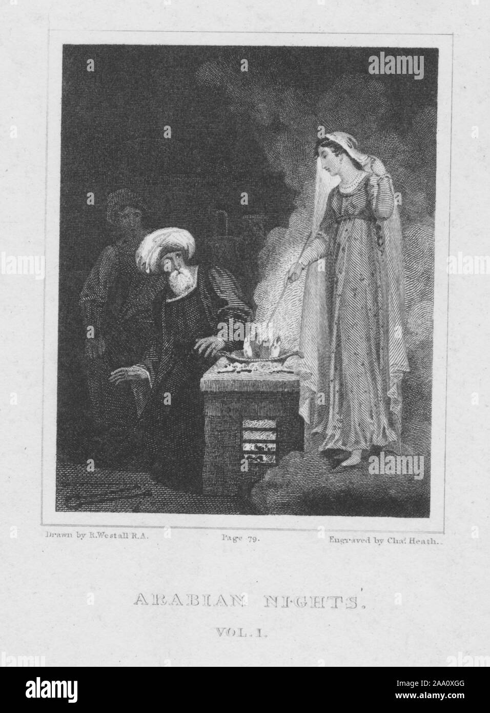 Gravierte Darstellung einer Szene aus dem Buch '1001 Nacht' mit einer jungen Dame rühren Fisch in einer Pfanne mit zwei Männer in Turbanen auf in Erstaunen, von Illustrator Richard Westall, von Thomas Davidson, 1819 veröffentlicht. Von der New York Public Library. () Stockfoto