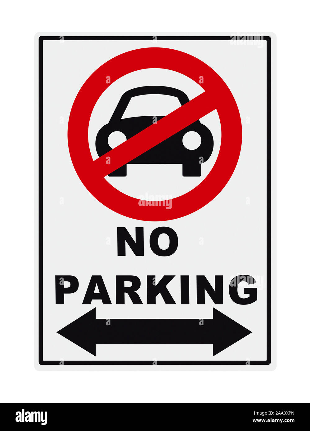 Metall keine Parkplätze mit dem Auto Symbol isoliert auf weißem Hintergrund. Stockfoto
