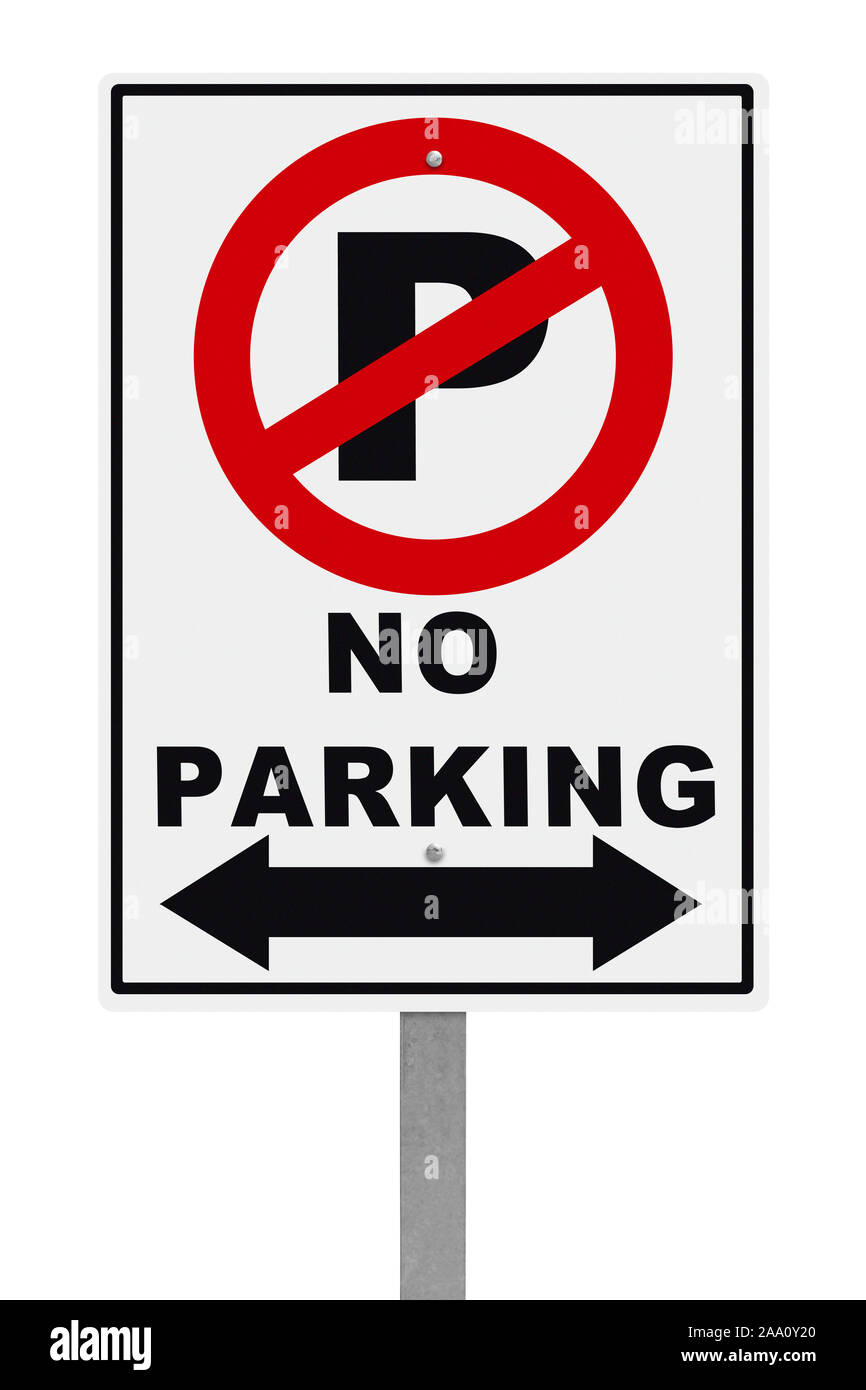 Kein Parkplatz Schild auf Metall Pole isoliert auf weißem Hintergrund. Stockfoto