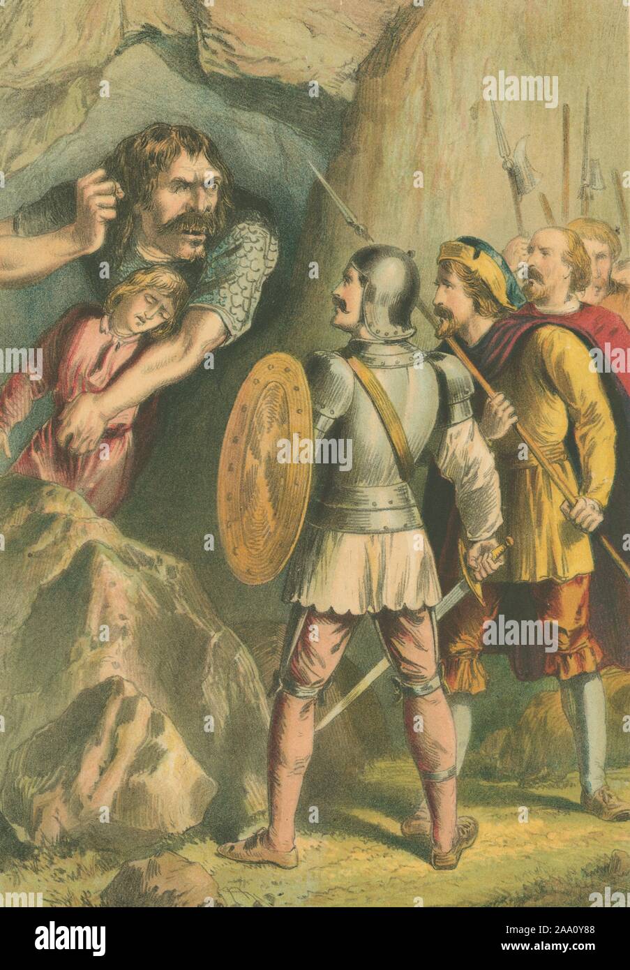 Farbe Abbildung: eine Szene aus dem Buch "Pilgrim's Progress und andere ausgewählte Werke" von John Bunyan, mit Great-Heart und seine Gefährten, die riesigen Schlachten - Gute vor seine Höhle, illustriert von Henry Courtney Selous, von Adam und Co., 1874 veröffentlicht. Von der New York Public Library. () Stockfoto