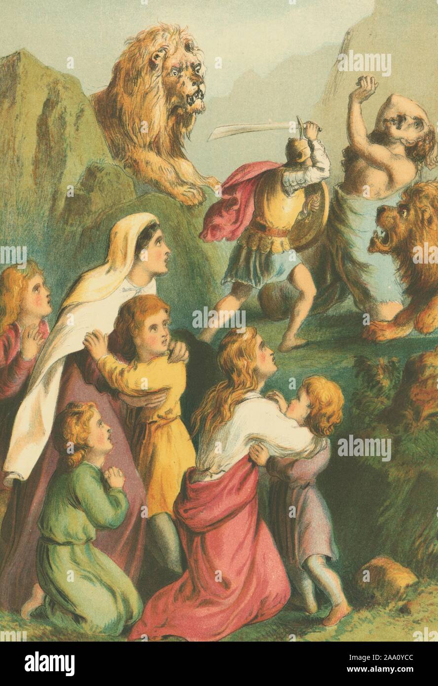 Farbe Abbildung: eine Szene aus dem Buch "Pilgrim's Progress und andere ausgewählte Werke" von John Bunyan, mit Great-Heart Töten des Riesen Grim, mit Frauen und Kindern, die in Furcht und Erstaunen, von Henry Courtney Selous, von Adam und Co, 1874 illustriert. Von der New York Public Library. () Stockfoto