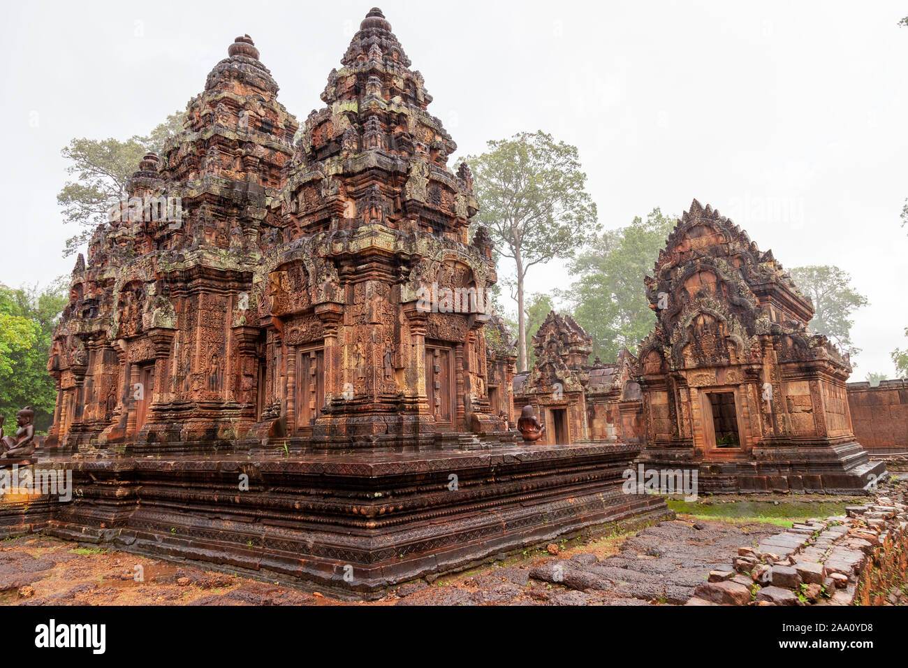 Tempel von Banteay Srei. Dieser Tempel ist bekannt für die feine und detaillierte Schnitzereien und auch für die Affen. Auch in tropischen Regen dieser Tempel ist sehr c Stockfoto