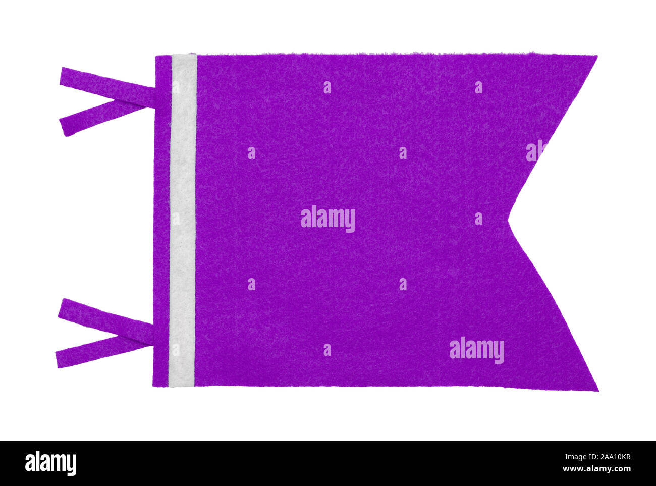 Kurze Purple Flag Pennant fühlte sich isoliert auf weißem Hintergrund. Stockfoto