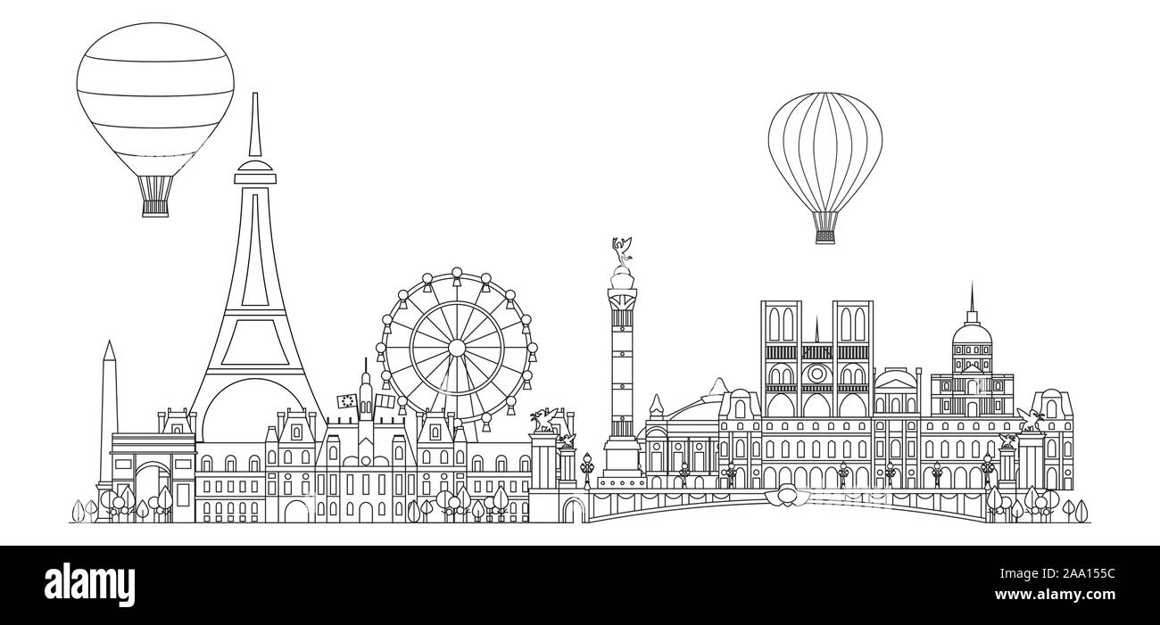 Panoramablick line Art style Paris City Skyline Vector Illustration in schwarzer Farbe auf weißem Hintergrund. Vektor silhouette Abbildung von Landmar Stock Vektor