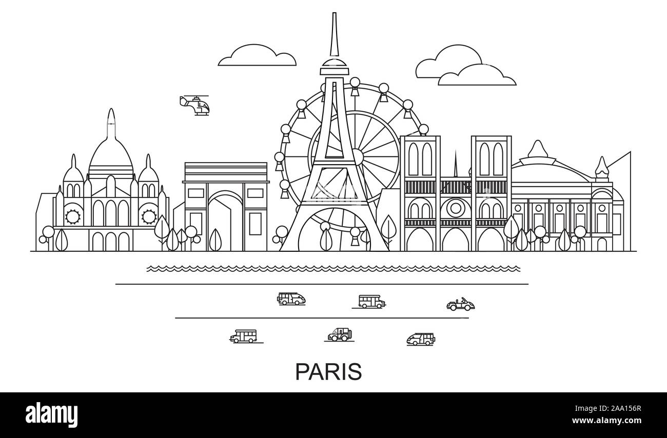 Panoramablick line Art style Paris City Skyline Vector Illustration in schwarzer Farbe auf weißem Hintergrund. Vektor silhouette Abbildung von Landmar Stock Vektor