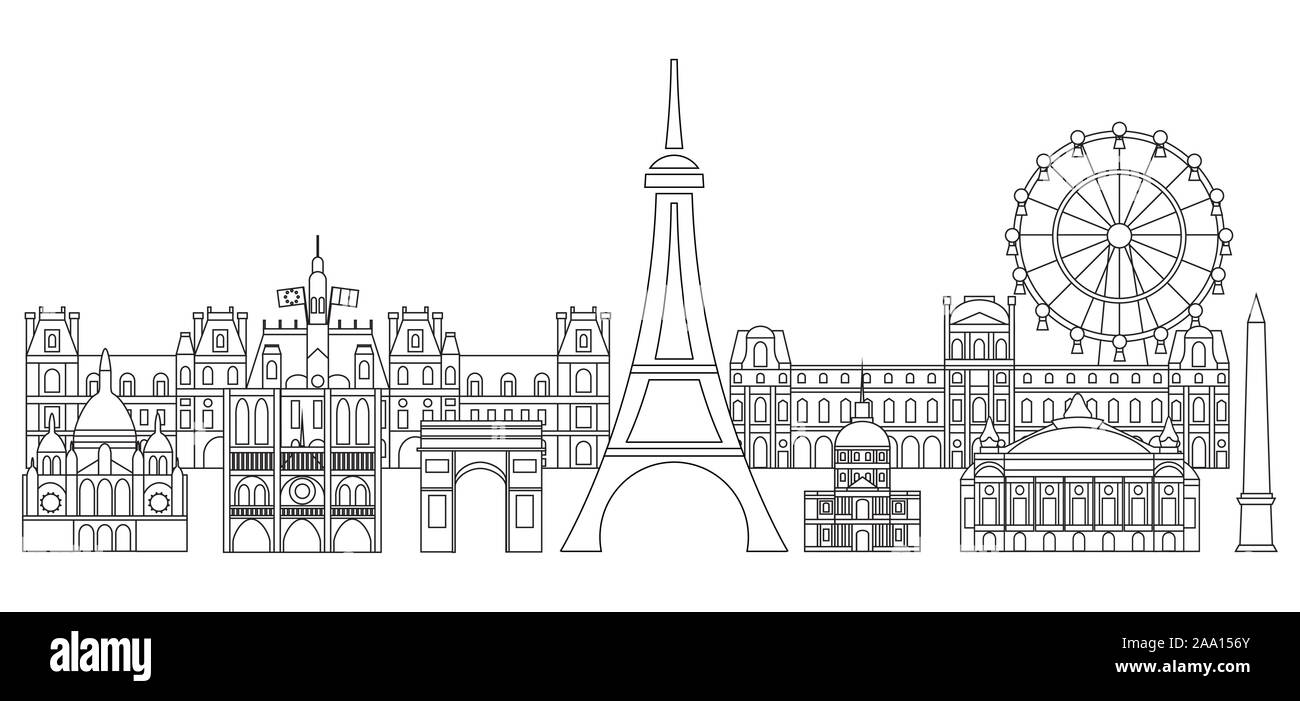 Panoramablick line Art style Paris City Skyline Vector Illustration in schwarzer Farbe auf weißem Hintergrund. Vektor silhouette Abbildung von Landmar Stock Vektor