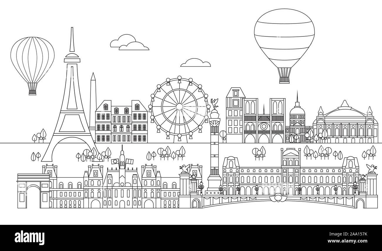 Panoramablick line Art style Paris City Skyline Vector Illustration in schwarzer Farbe auf weißem Hintergrund. Vektor silhouette Abbildung von Landmar Stock Vektor