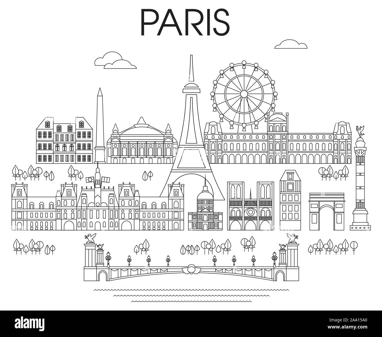Panoramablick line Art style Paris City Skyline Vector Illustration in schwarzer Farbe auf weißem Hintergrund. Vektor silhouette Abbildung von Landmar Stock Vektor