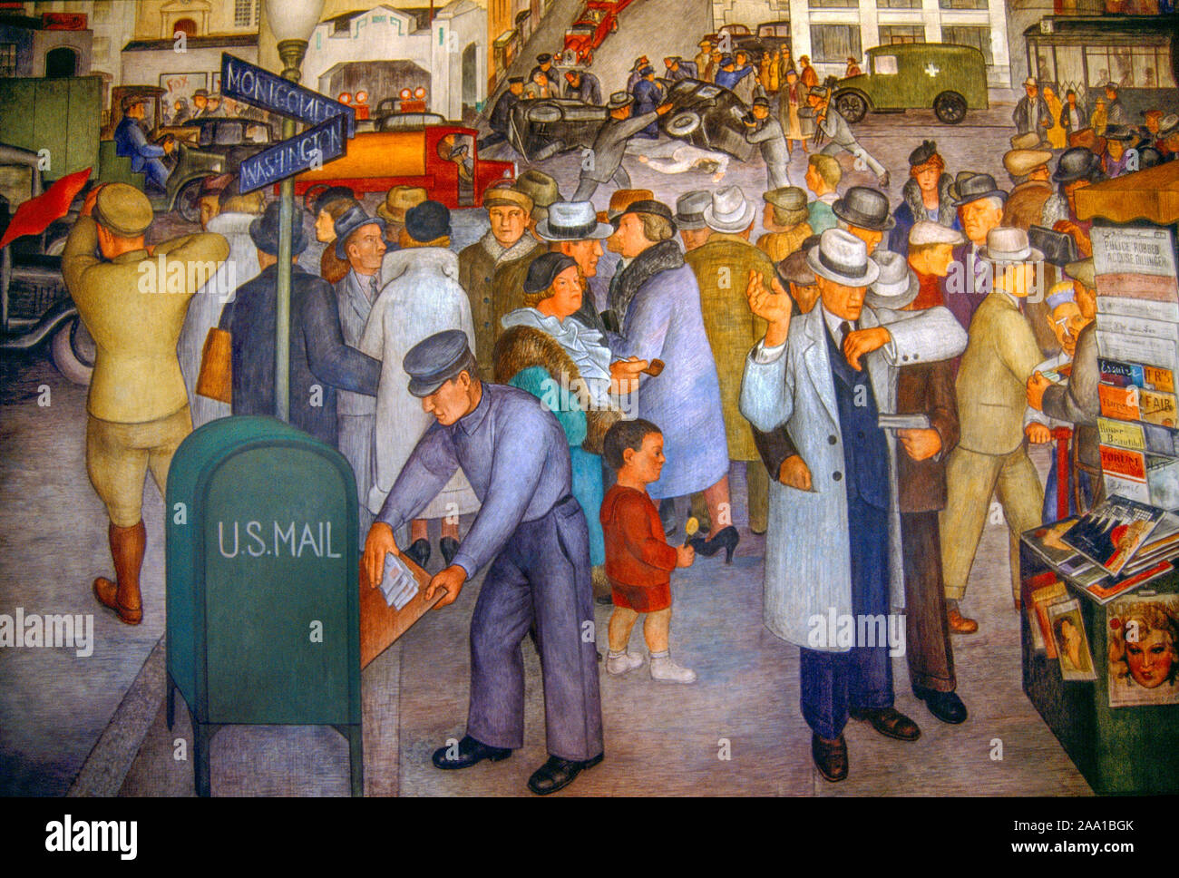 "Das Leben in der Stadt", ein 1934 Fresko in der sozialen Realismus Stil des Künstlers Victor Arnautoff zeigt eine Kreuzung in der Innenstadt von San Francisco und beinhaltet einen Autounfall und einem Raub. Das Fresko ist Teil der Lobby Wandbild Projekt bei der Stadt Coit Tower. Stockfoto