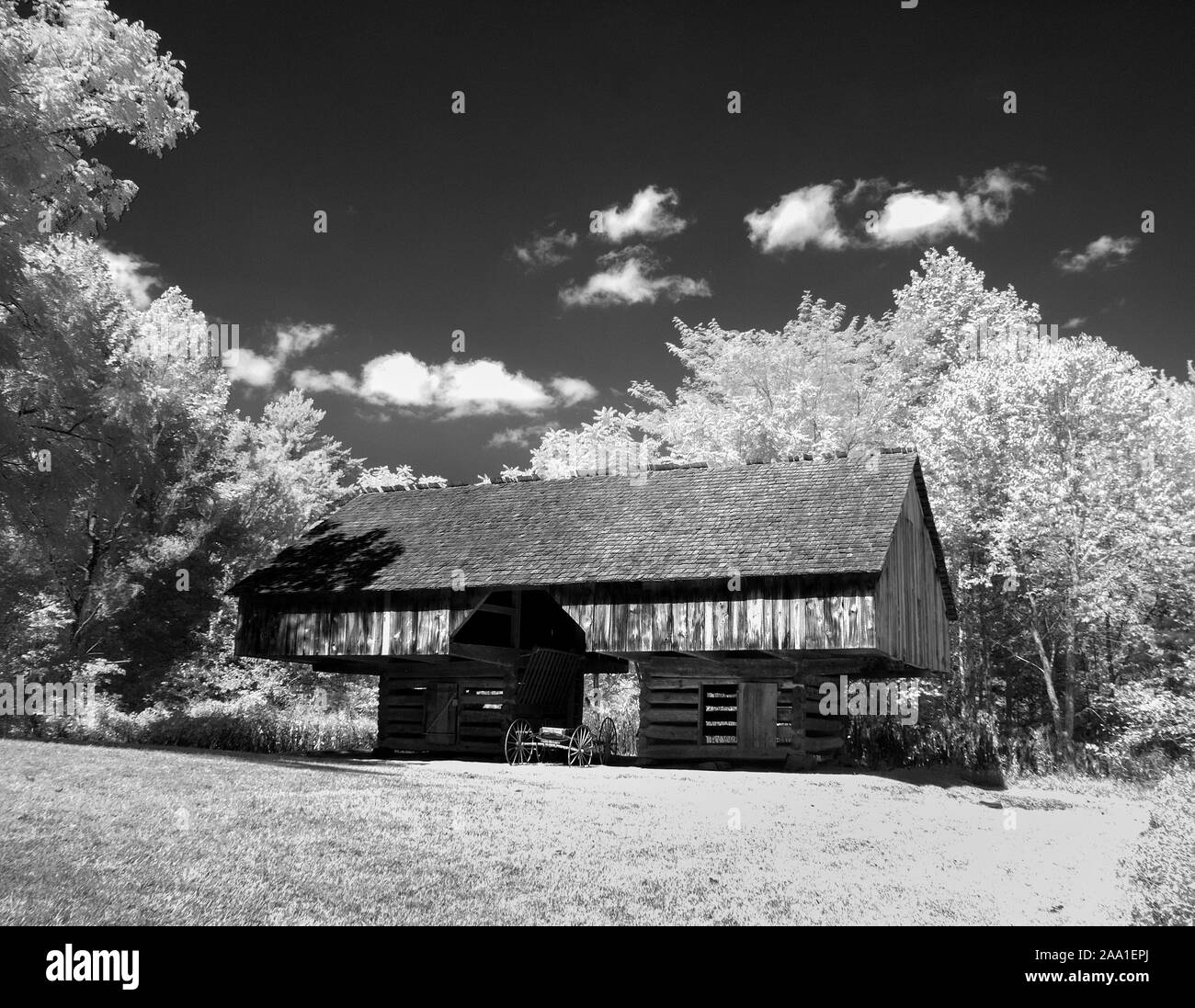 Infrarot rot falsch B&W Fotografie der Freitragende Scheune Tipton Haus in Cades Cove in der Great Smoky Mountains National Park, Tennessee Stockfoto