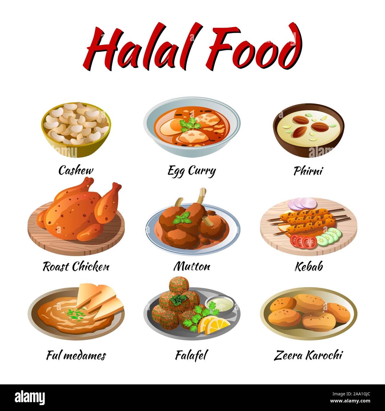 Satz von köstlichen und berühmten Essen von Halal in bunten Farbverlauf flache Design Symbol, Vector Illustration Stock Vektor