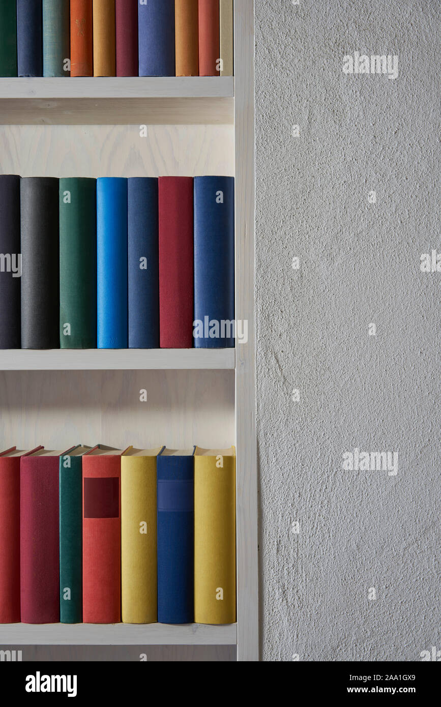 Detail aus einem Bücherregal mit präzisen Reihen von bunten Bücher in eine weiße Wand, Kopieren, Hochformat Stockfoto