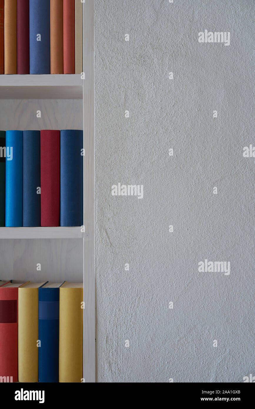 Detail aus einem Bücherregal mit präzisen Reihen von bunten Bücher in eine weiße Wand, Kopieren, Hochformat Stockfoto