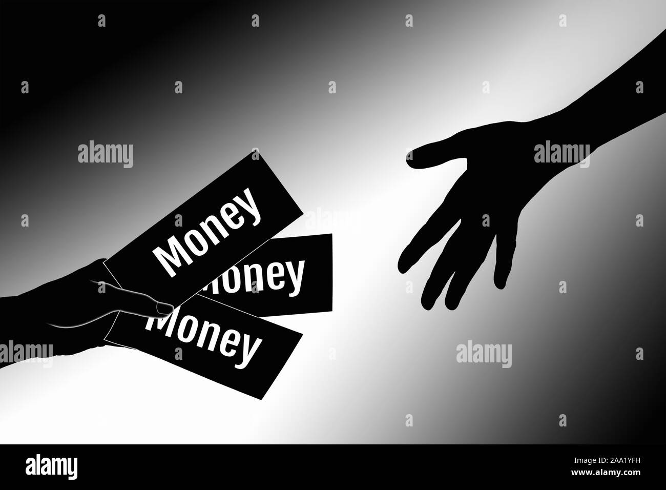 Konzept zum Thema der Schattenwirtschaft in der Welt. Ein Mann hält, aus Geld, der andere nimmt es. Cash Flow. Einkommen ausblenden Stockfoto