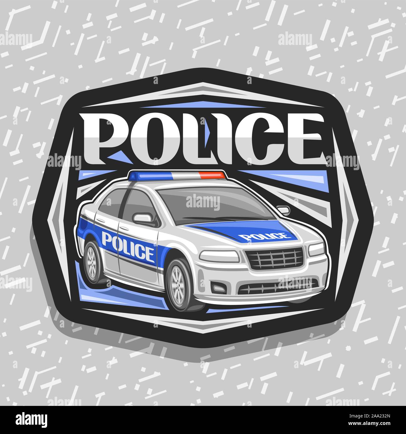 Vektor logo für Polizei Auto, schwarz dekorative Zeichen mit der Abbildung des modernen Limousine der städtischen Abteilung Straßenbau, original Schriftzug für Word Polizei, Stock Vektor