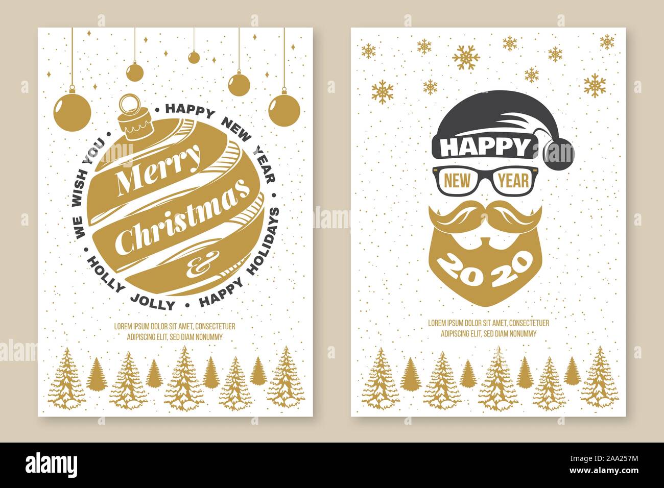 Satz von Frohe Weihnachten und ein glückliches Neues Jahr 2020 Poster, Flyer, Grußkarten. Set Angebote mit Schneeflocken, Santa Claus, Geschenk, Weihnachten Kugel. Vektor. Vintage Typografie Design für Weihnachten, Neujahr Emblem Stock Vektor