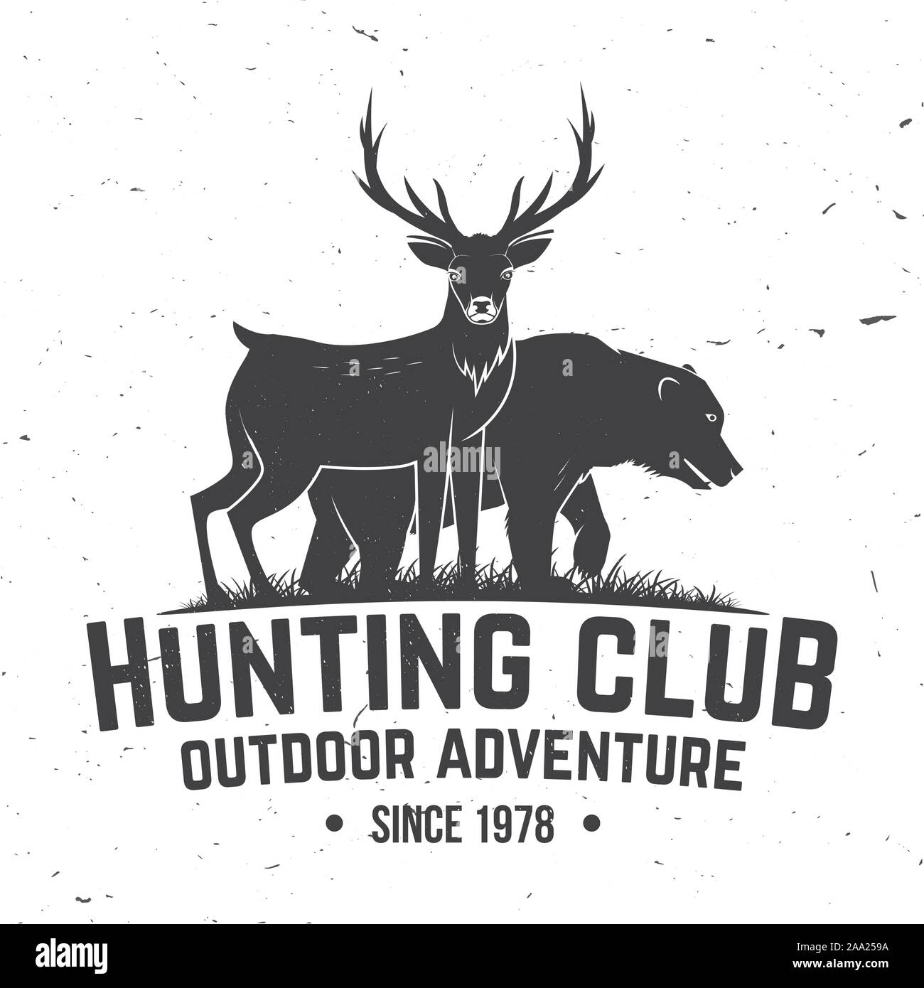 Hunting Club Abzeichen. Vector Illustration. Konzept für Hemd oder Label, Print, Stempel, Badge, T-Stück. Vintage Typografie Design mit Hirsche, Bären und Wald Silhouette. Outdoor Adventure Hunt Club Emblem Stock Vektor