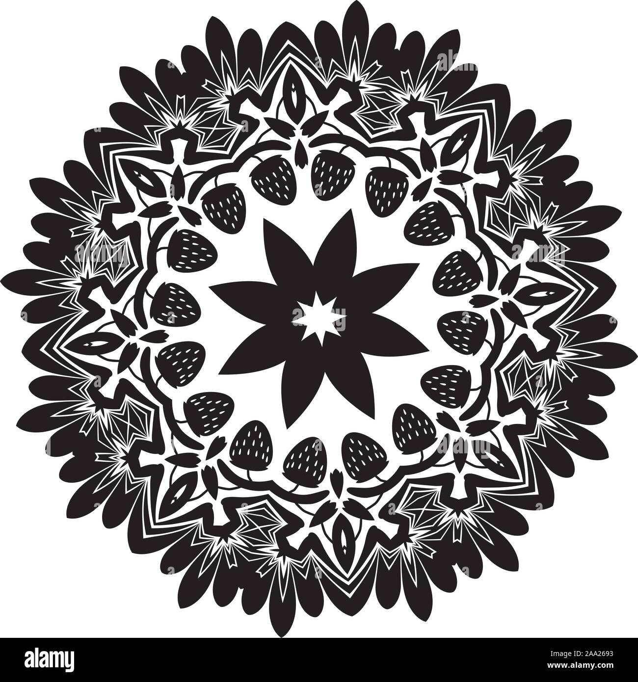 Schwarz folk floralen Ornament mit Erdbeeren Abbildung. Stock Vektor