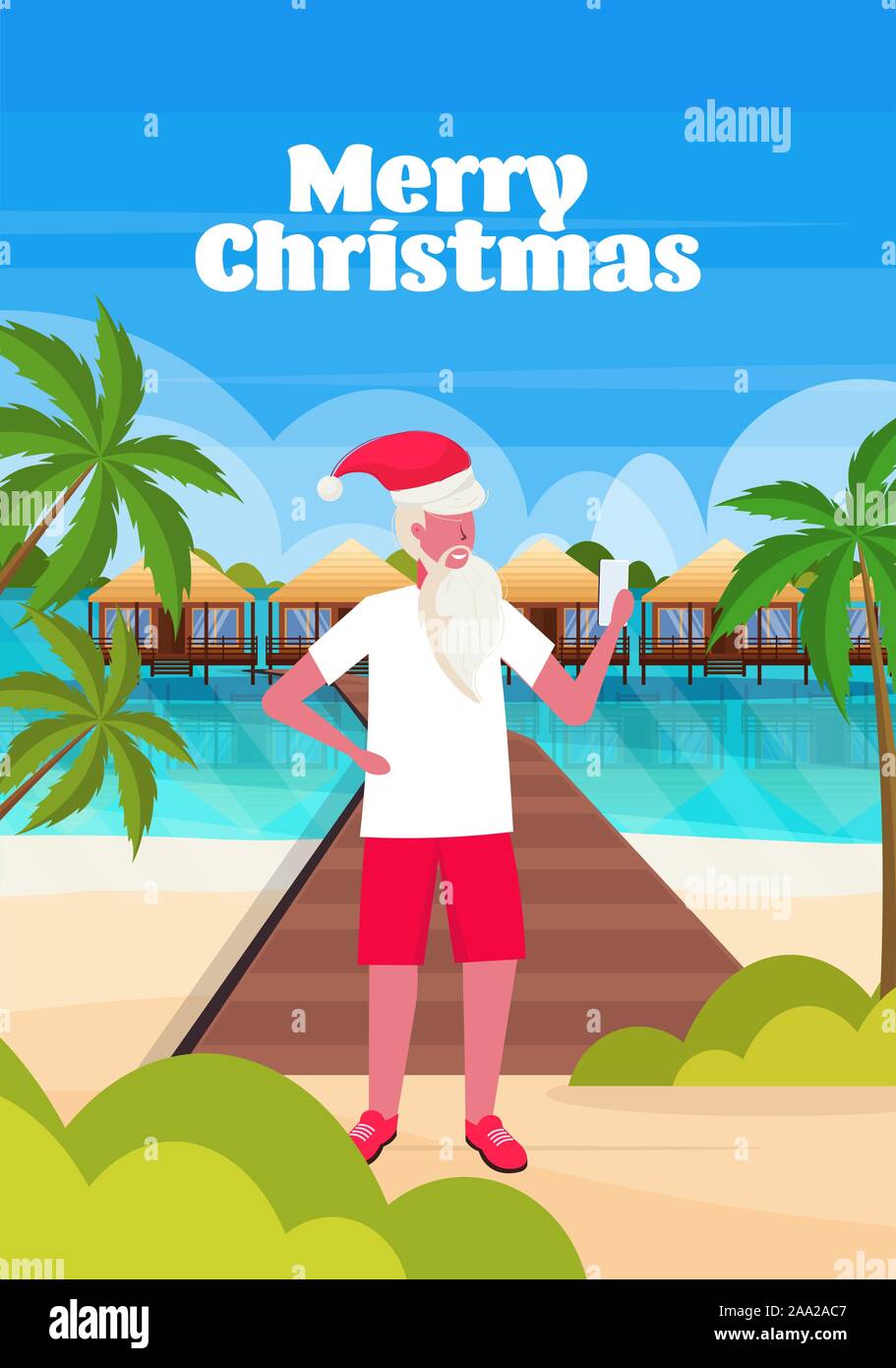 Mann, der Weihnachtsmann hat mittels Smartphone am tropischen Strand neues Jahr weihnachten urlaub Konzept seascape Hintergrund Grußkarte in voller Länge vertikale Vektor illustration Stock Vektor