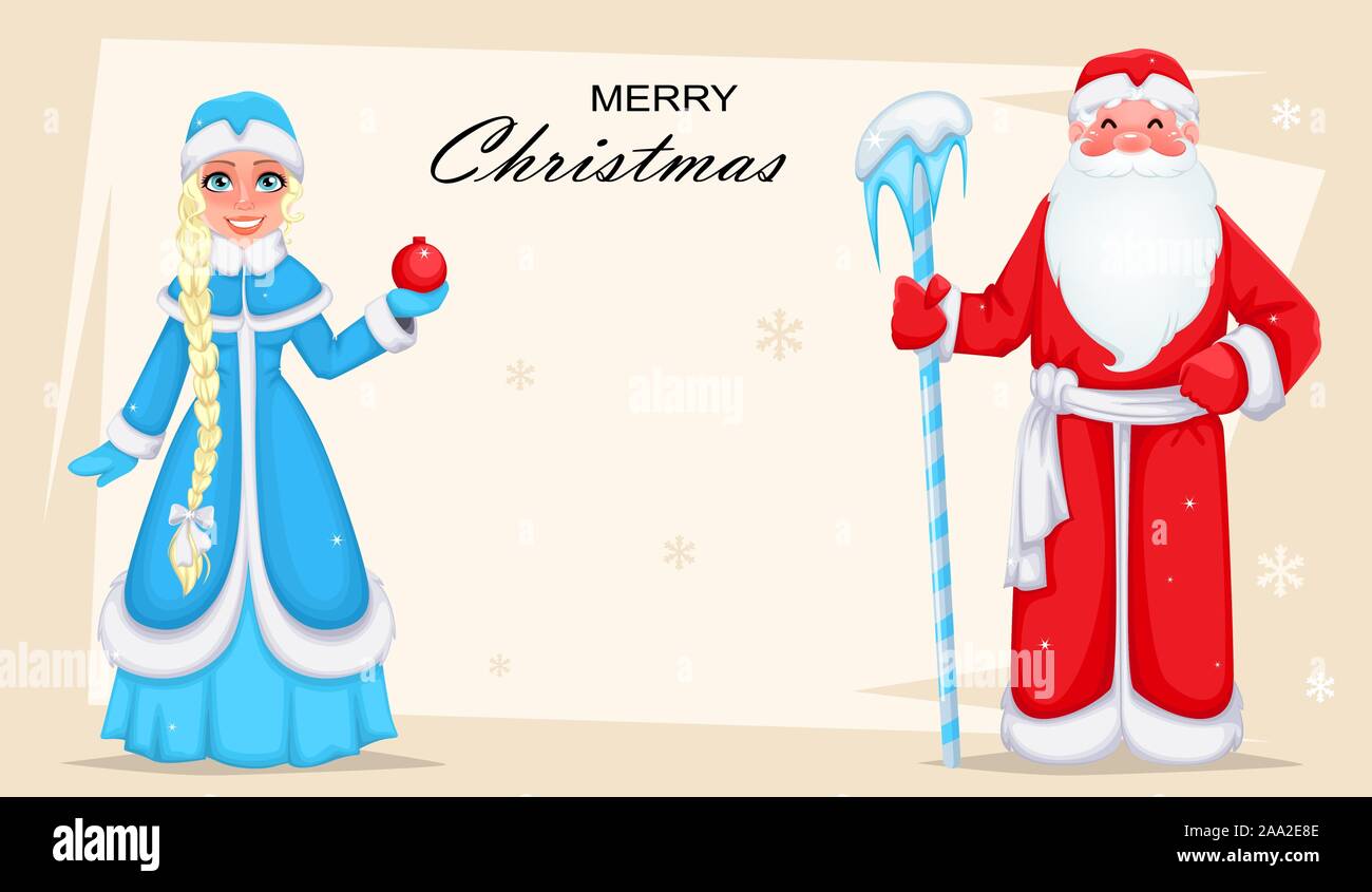Russischer Weihnachtsmann 'Ded Moroz" (Väterchen Frost) und seine Enkelin Snegurochka (Snow Maiden). Fröhliche Zeichentrickfiguren. Vector Illustration Stock Vektor