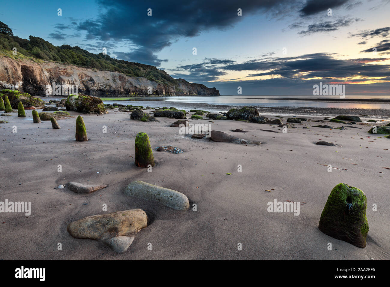 Am frühen Morgen, mit Resten von buhnen, am Strand am Meer Dorf Sandsend, in der Nähe von Whitby, North Yorkshire England Großbritannien Stockfoto