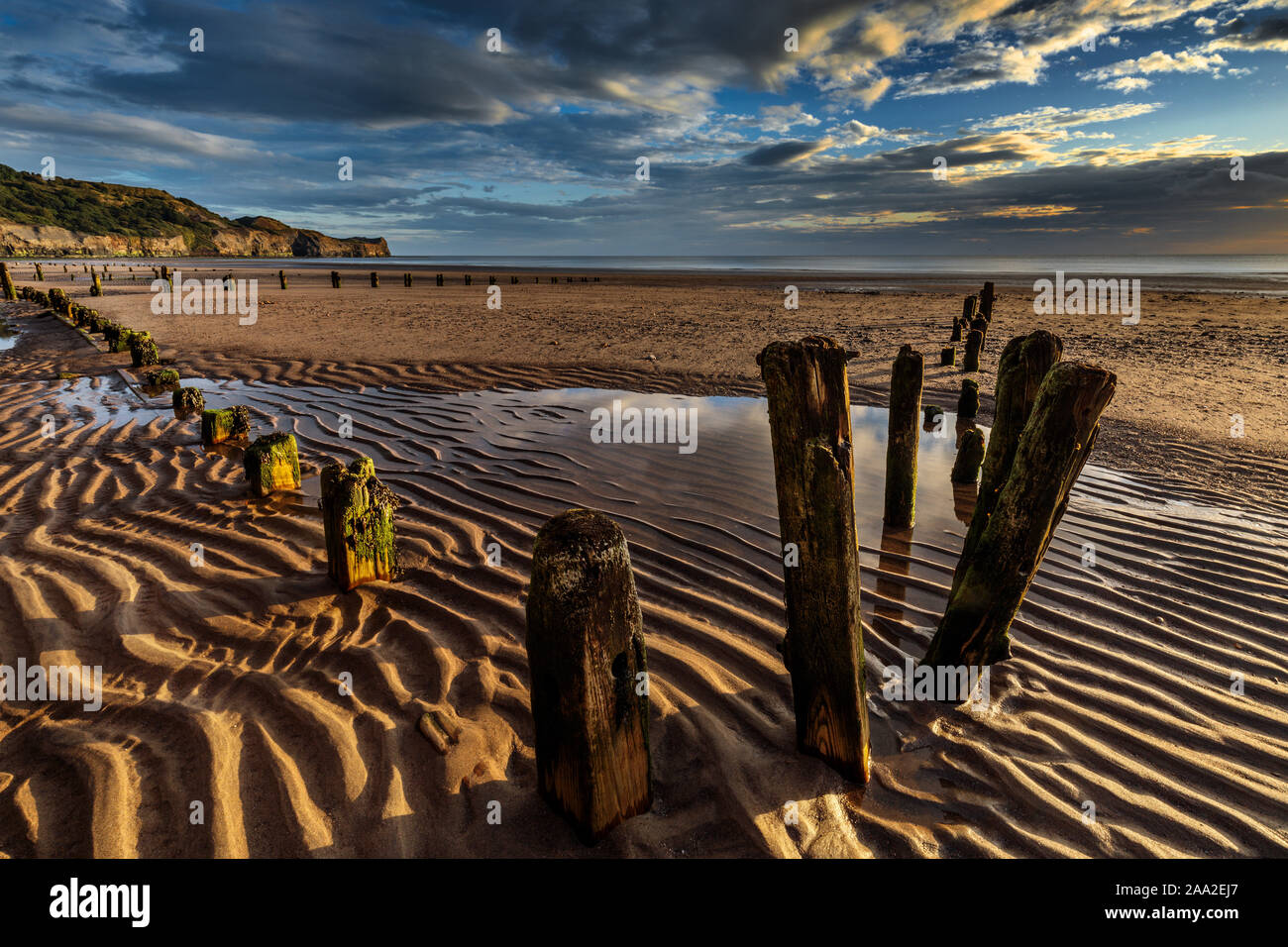 Am frühen Morgen, mit Resten von buhnen, am Strand am Meer Dorf Sandsend, in der Nähe von Whitby, North Yorkshire England Großbritannien Stockfoto