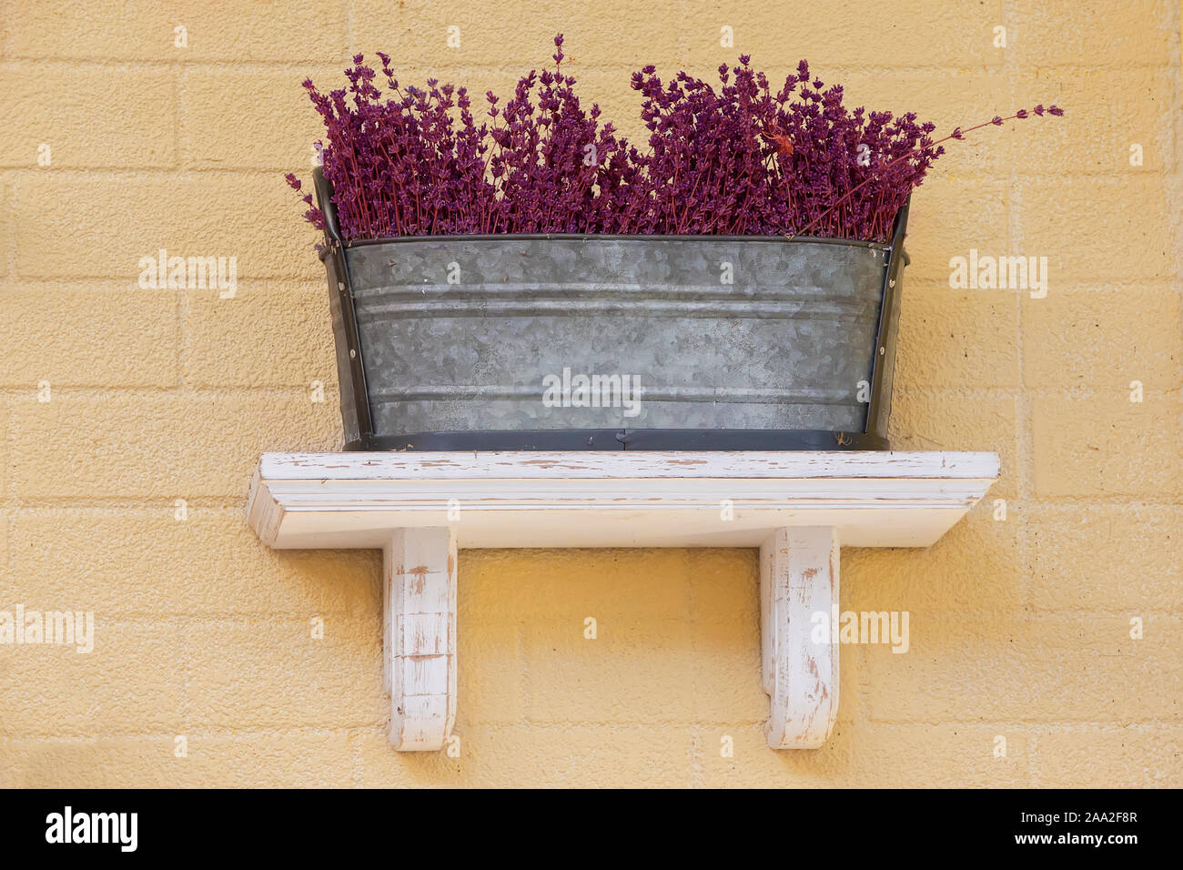 Hintergrund trocken Lavendel in einem kupfernen Becken an der Wand Stockfoto