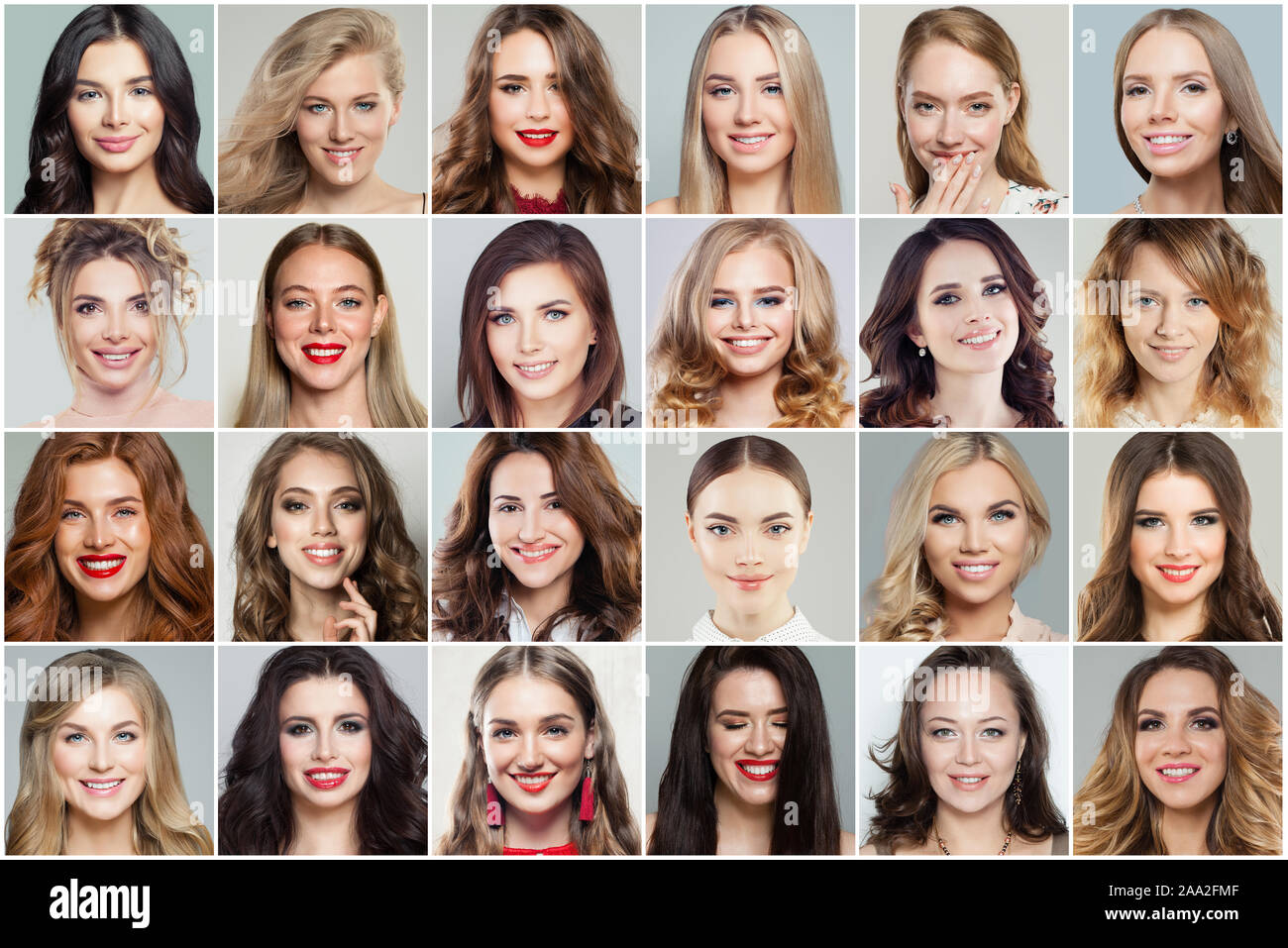 Verschiedene Frauen Gesichter Collage. Frau Gesichter lächeln und lachen, positive Emotionen, emotionalen Ausdruck Stockfoto