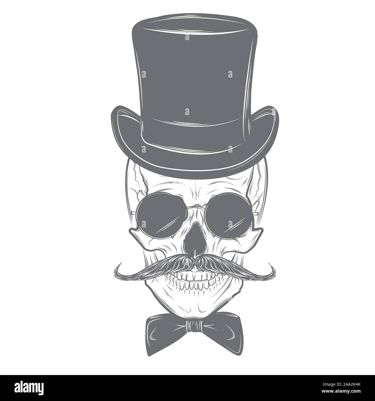 Herr Schädel mit Schnurrbart, Fliege, Hut und Rauchen. Totenkopf, Schädel Abbildung auf weißem Hintergrund. Vector Modus Stock Vektor