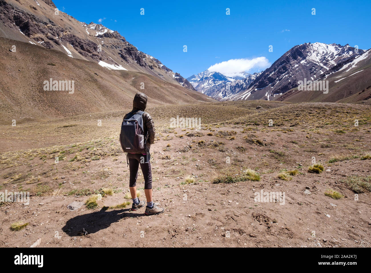Weibliche Besucher am Aconcagua Park am Aconcagua Peak im Hintergrund suchen, Provinz Mendoza, Argentinien Stockfoto