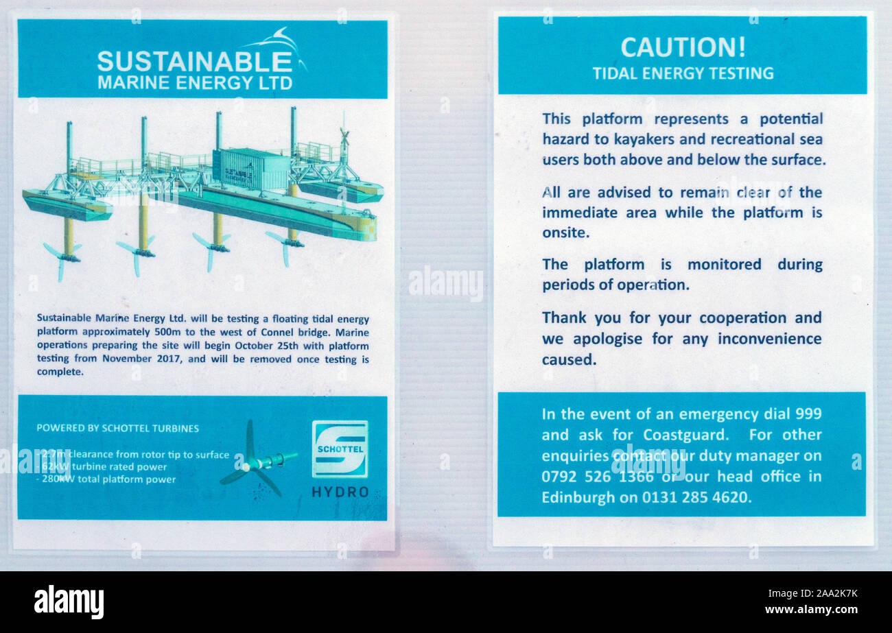 Unterwasser turbine Stromerzeugung test Plattform durch nachhaltige Marine Energy Ltd im Loch Etive, Connel, Oban, Schottland, UK im Besitz Stockfoto