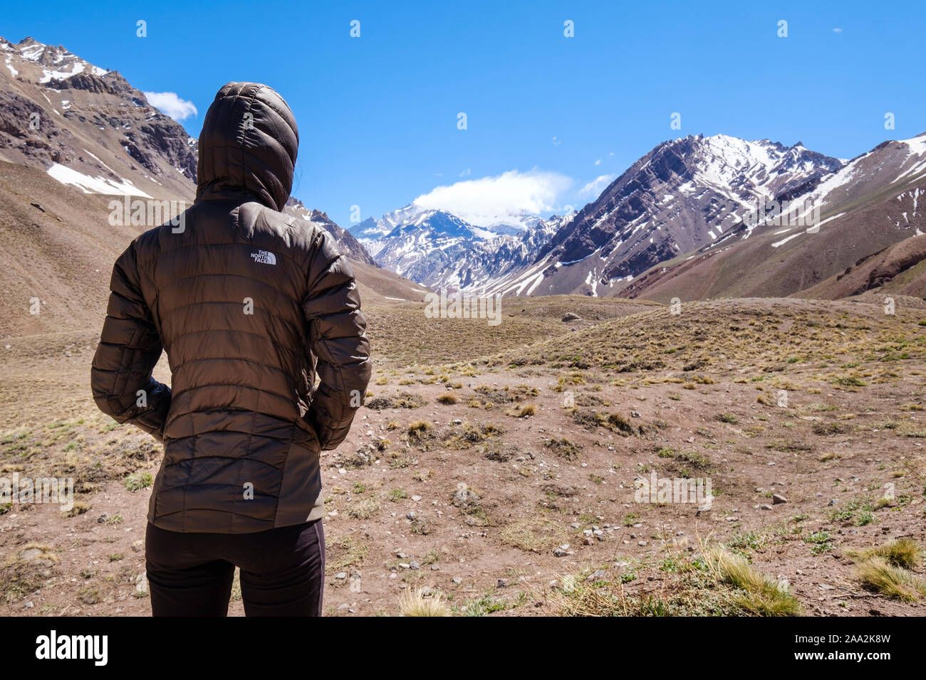 Weibliche Besucher am Aconcagua Park am Aconcagua Peak im Hintergrund suchen, Provinz Mendoza, Argentinien Stockfoto