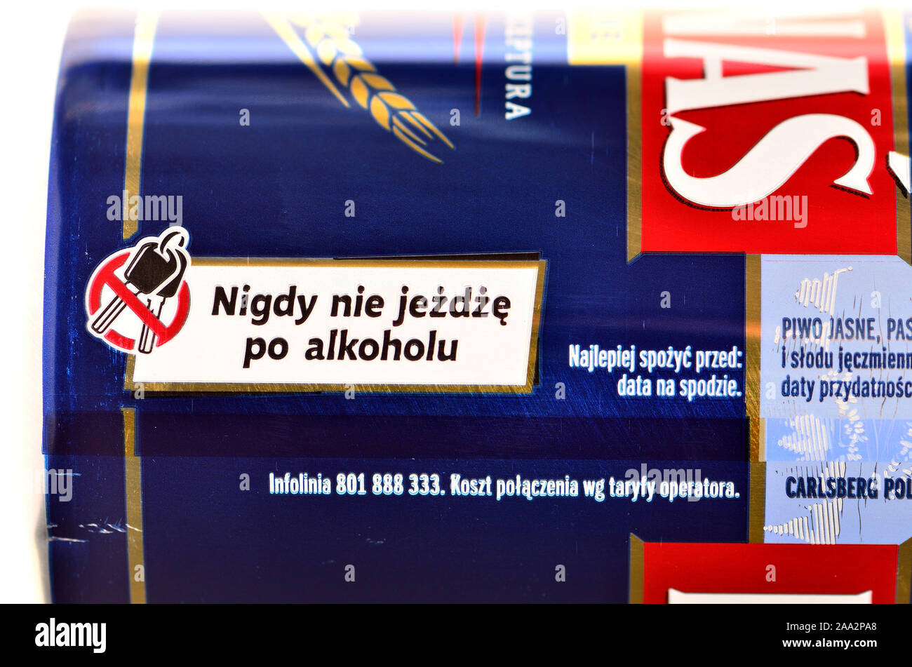 Polnisches Bier kann Warnung: 'Don't Drink und Antrieb" Stockfoto