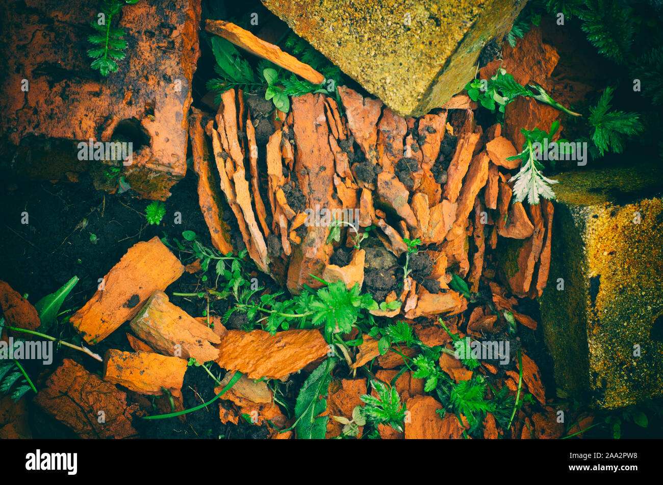 Geschichtete orange Brick mit Fragmenten und grünen Pflanzen auf dem Hintergrund der dunklen Boden Stockfoto