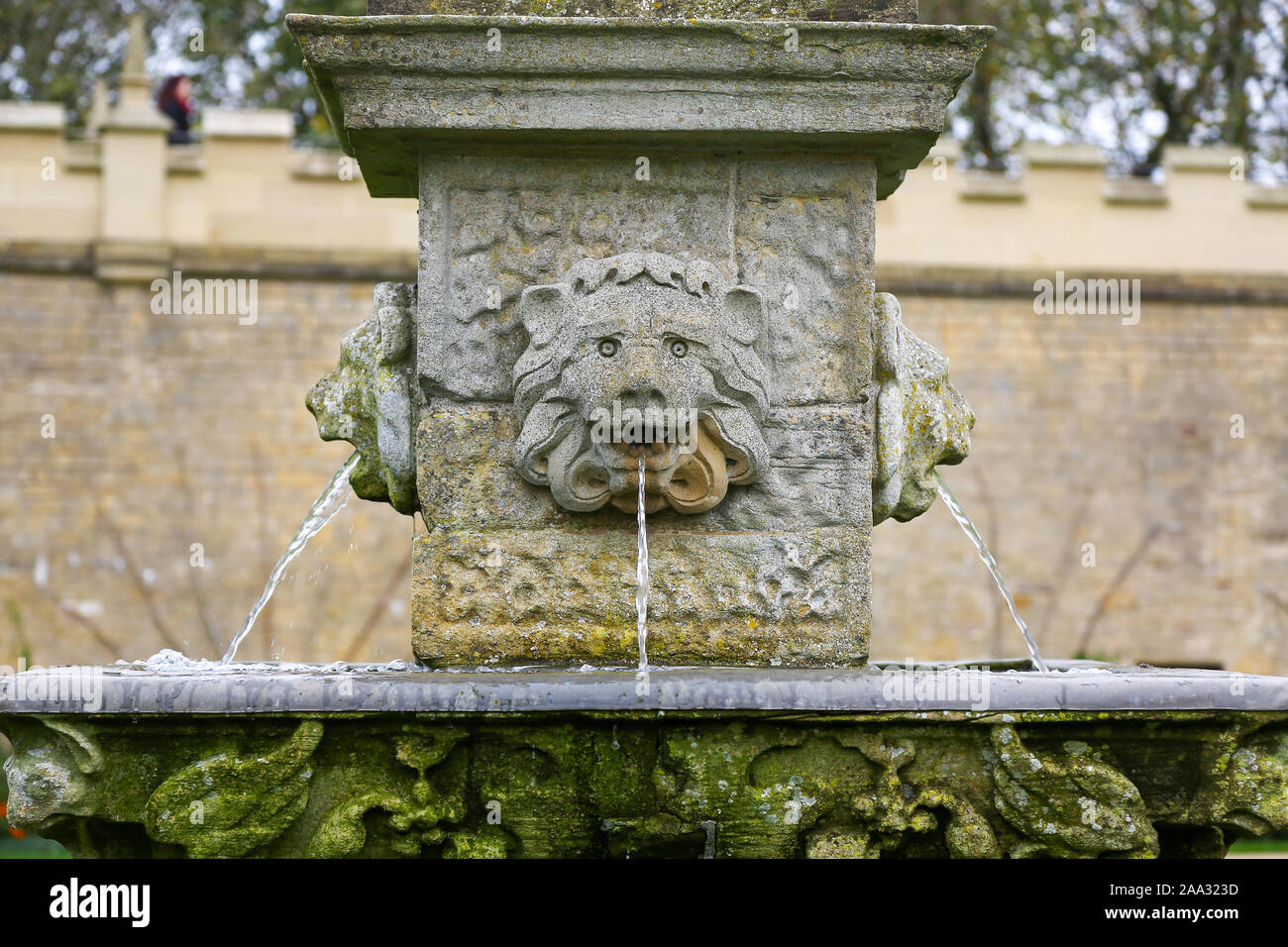 Detail der Stein auf dem Brunnen am Brunnen Garten, Bolsover Castle, Derbyshire, England, Großbritannien Stockfoto