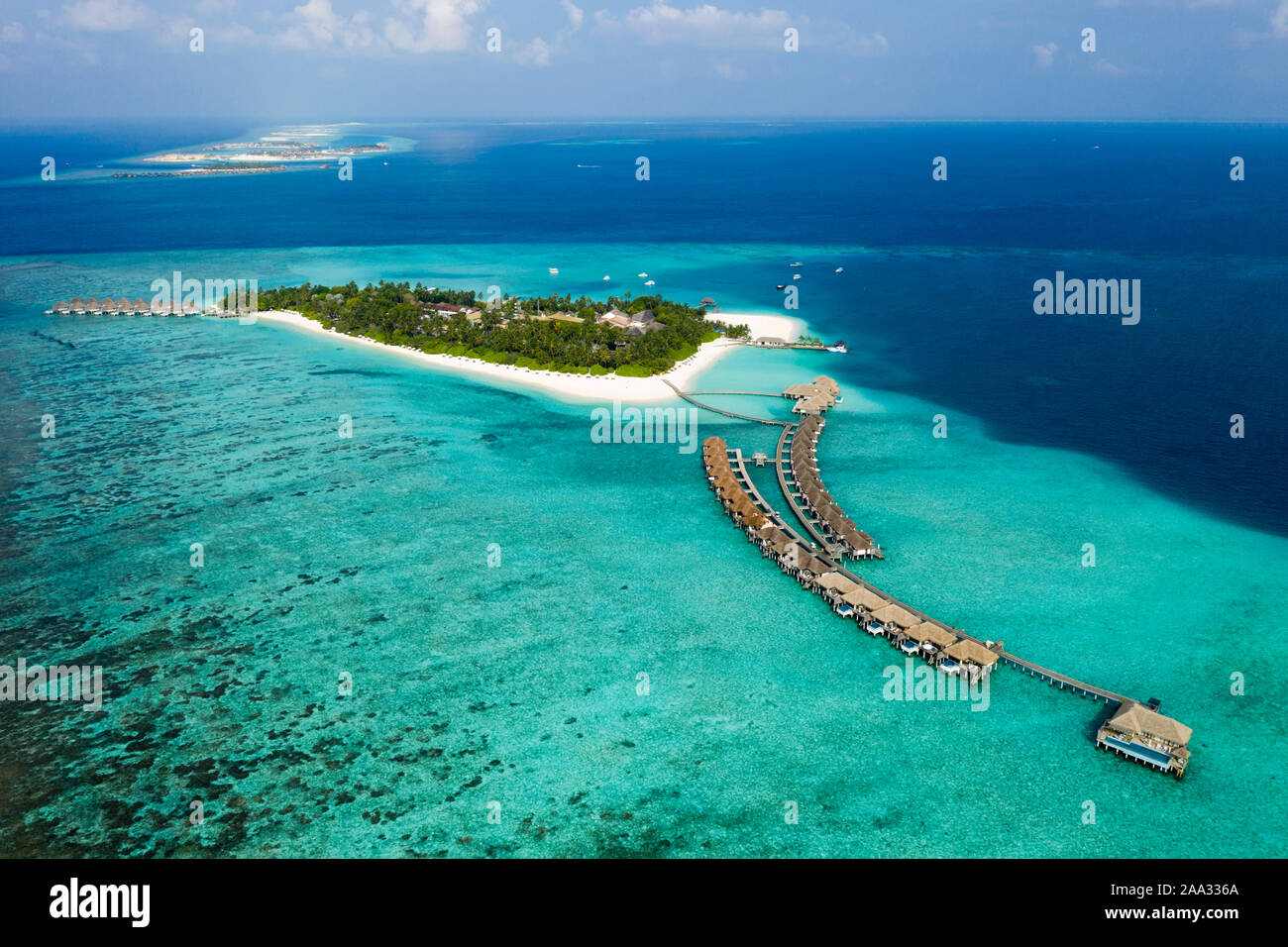 Ferienhäuser Insel Velassaru, Süd Male Atoll, Malediven, Indischer Ozean Stockfoto