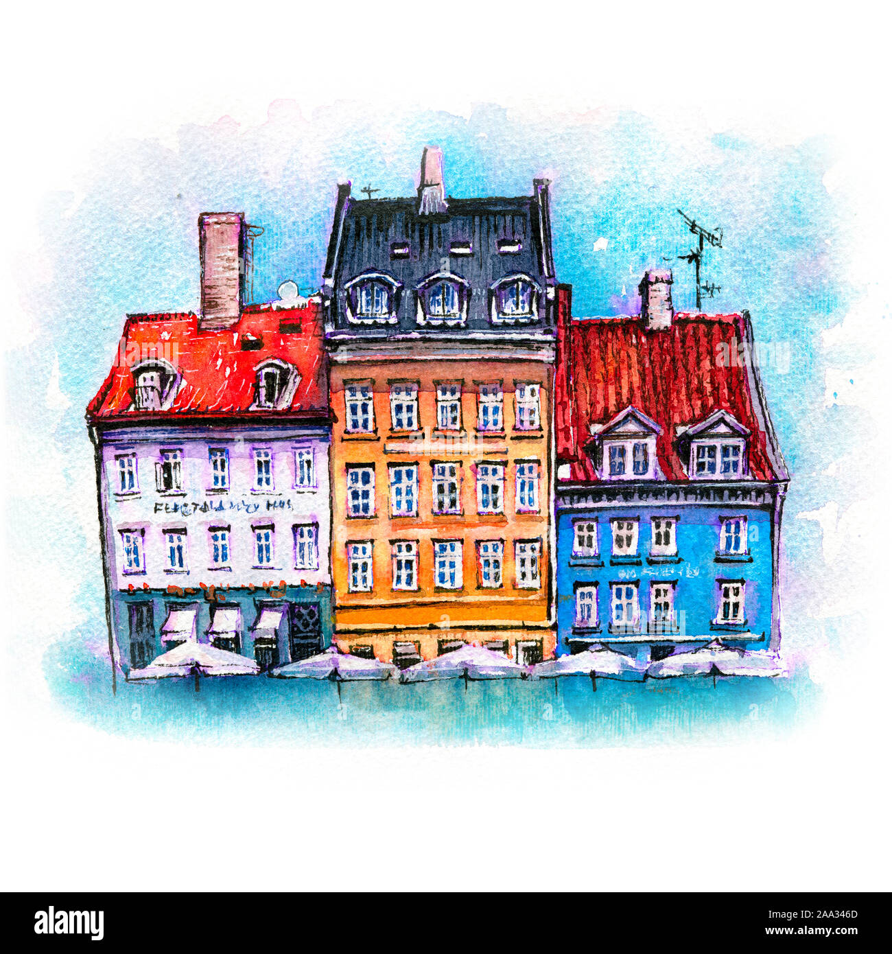 Aquarell Skizze von bunten Fassaden der alten Häuser auf Nyhavn Harbour in der Altstadt von Kopenhagen, der Hauptstadt von Dänemark. Stockfoto