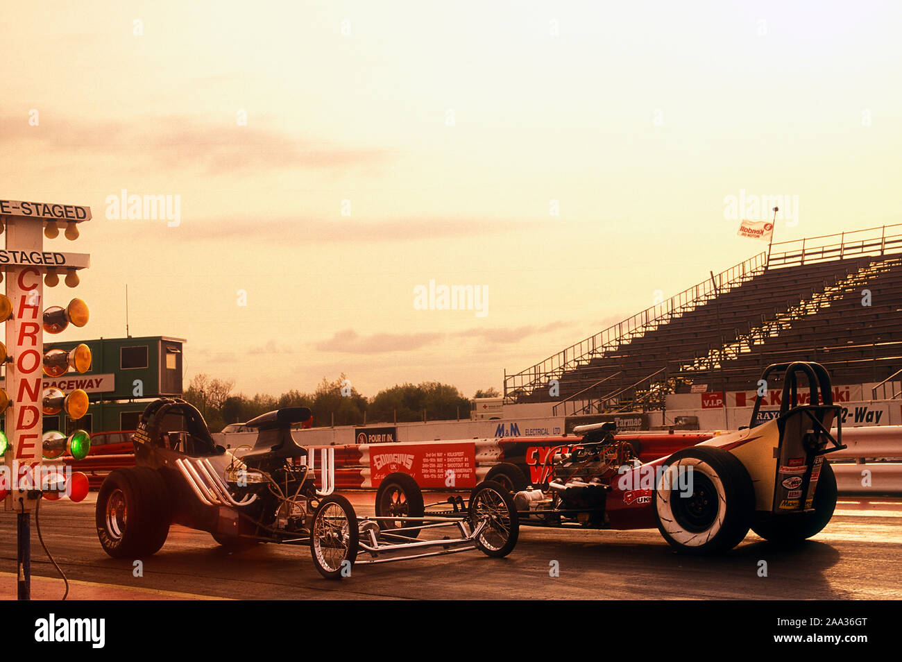 Vintage Dragster bei Avon Park Raceway Stratford-upon-Avon, Warwickshire, Großbritannien. 1993 Stockfoto