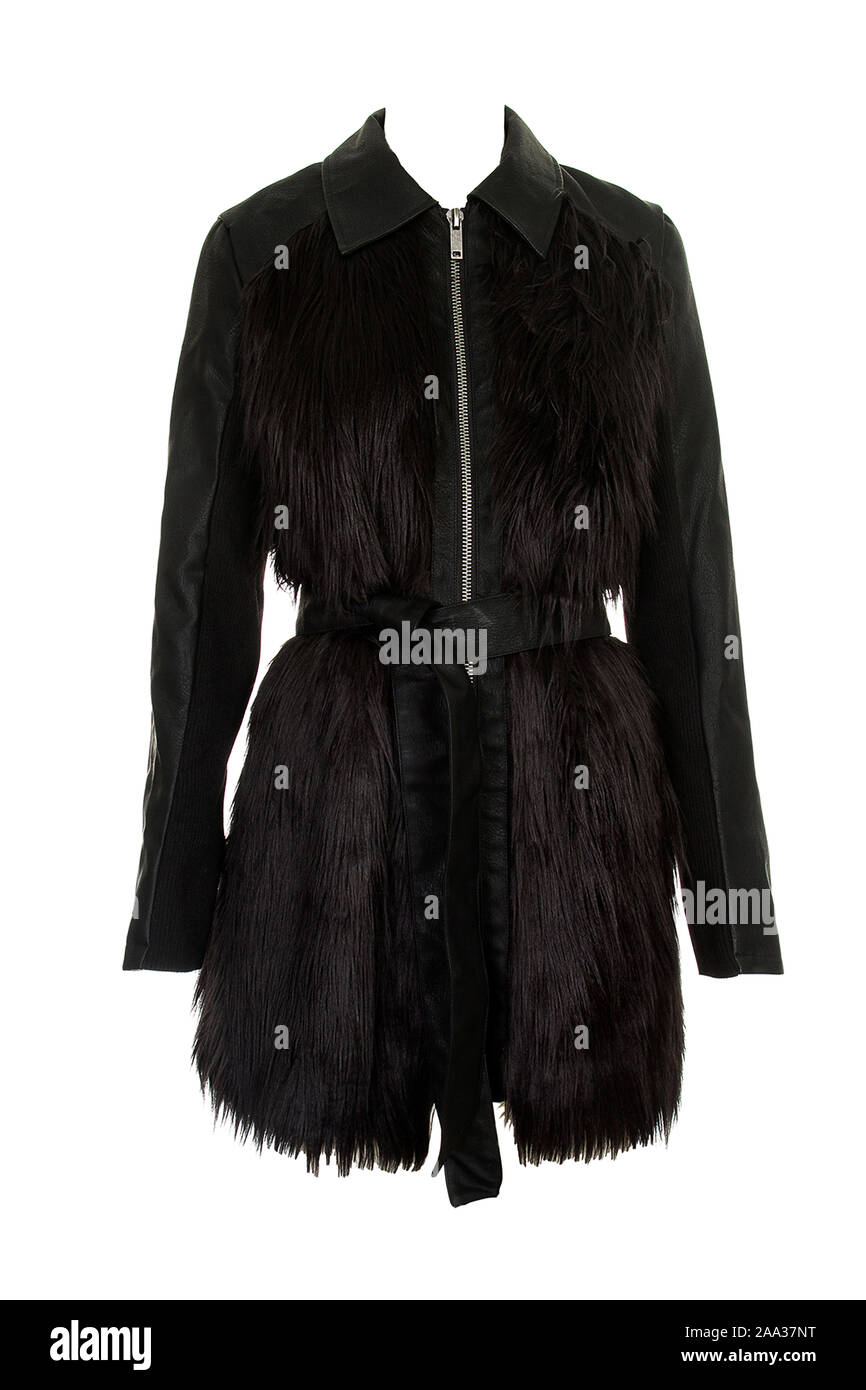 Pelz Decklack auf weißem Hintergrund. elegante Mantel mit Fellimitat trimmen und Leder Stockfoto