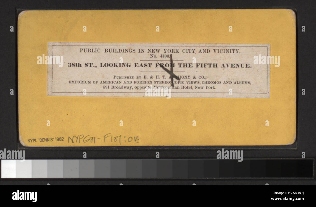 Handcolorierte photoprints. Mit einer Hand - farbige Anzeigen. Robert Dennis Sammlung von stereoskopische Ansichten. Titel von Cataloger'. Ansichten sind gezählt: 107, 289, 309-311, 313, 3695, 3696, 3923, 3924, 4103, 4112, 5573, 5951, 8657. Blick auf Straßen in Manhattan: Zentrum und Chatham Sts.; Chambers Street; Cortlandt St. Fähre von Washington Street und Madison Avenue North ab 34 th; Festlegung Nicolson Bürgersteig, Mercer Street; Park;, Park Row von Tyron Reihe, von Barnum Museum; 38th Street East vom 5.; South Ferry, die Ankunft und Abflug von Omnibussen.; 38th Street., Blick nach Osten aus Stockfoto