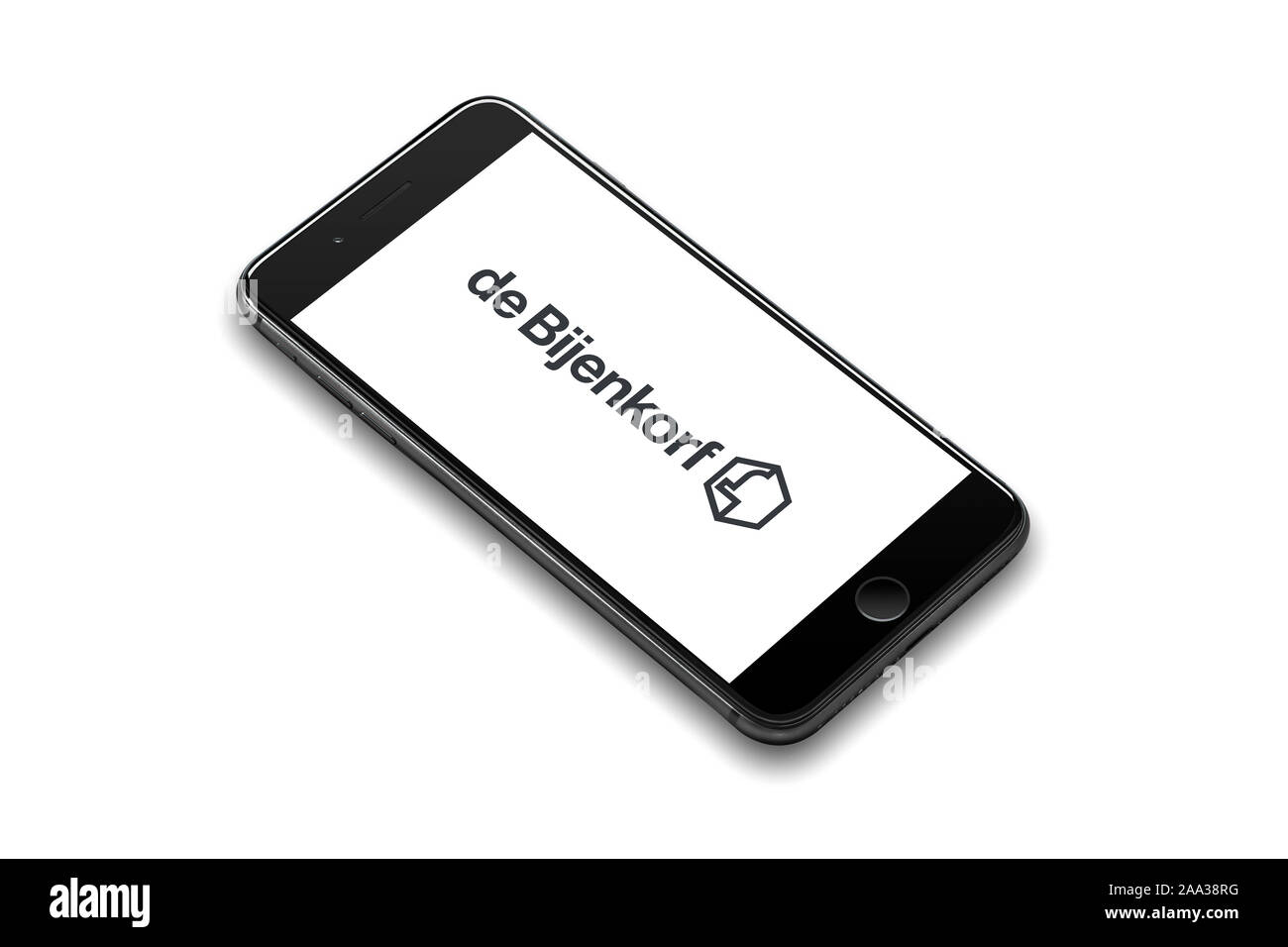 Amsterdam, Niederlande, 18.08.2019, iPhone 8 plus smart phone liegt auf einer flachen farbige Oberfläche. T-Mobile corporated erscheint auf dem Bildschirm, Telekommunikation Stockfoto