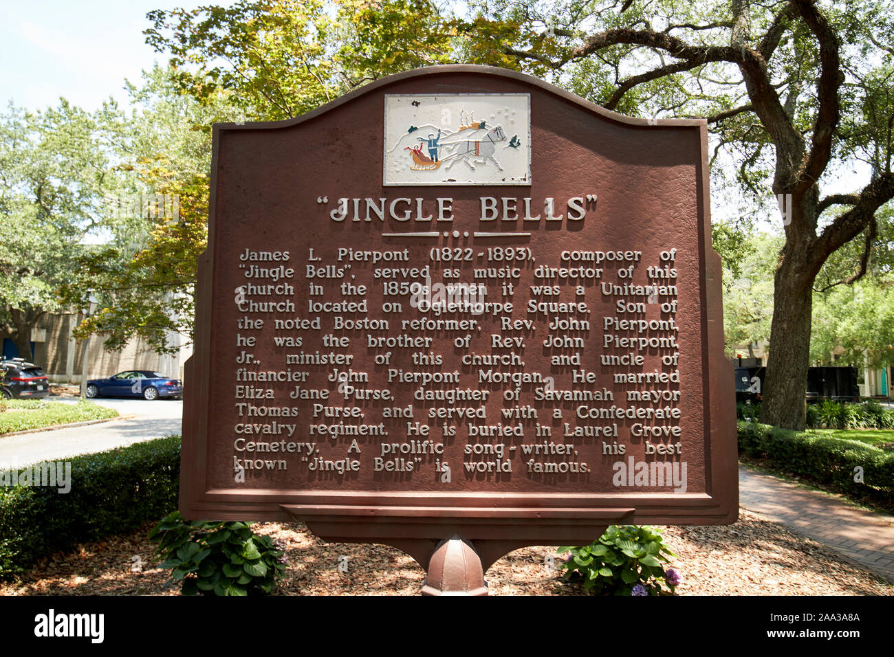 Jingle bells historische Markierung für James l. pierpont Troup square Savannah Georgia USA Stockfoto