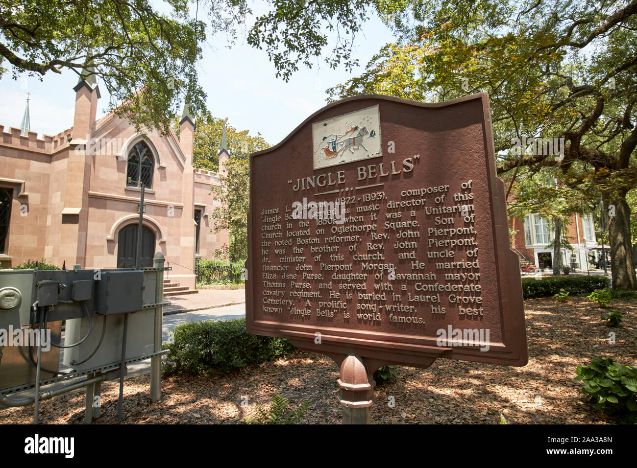 Jingle bells historische Markierung für James l. pierpont außerhalb der Unitarian Universalist Kirche von Savannah Georgia USA Stockfoto