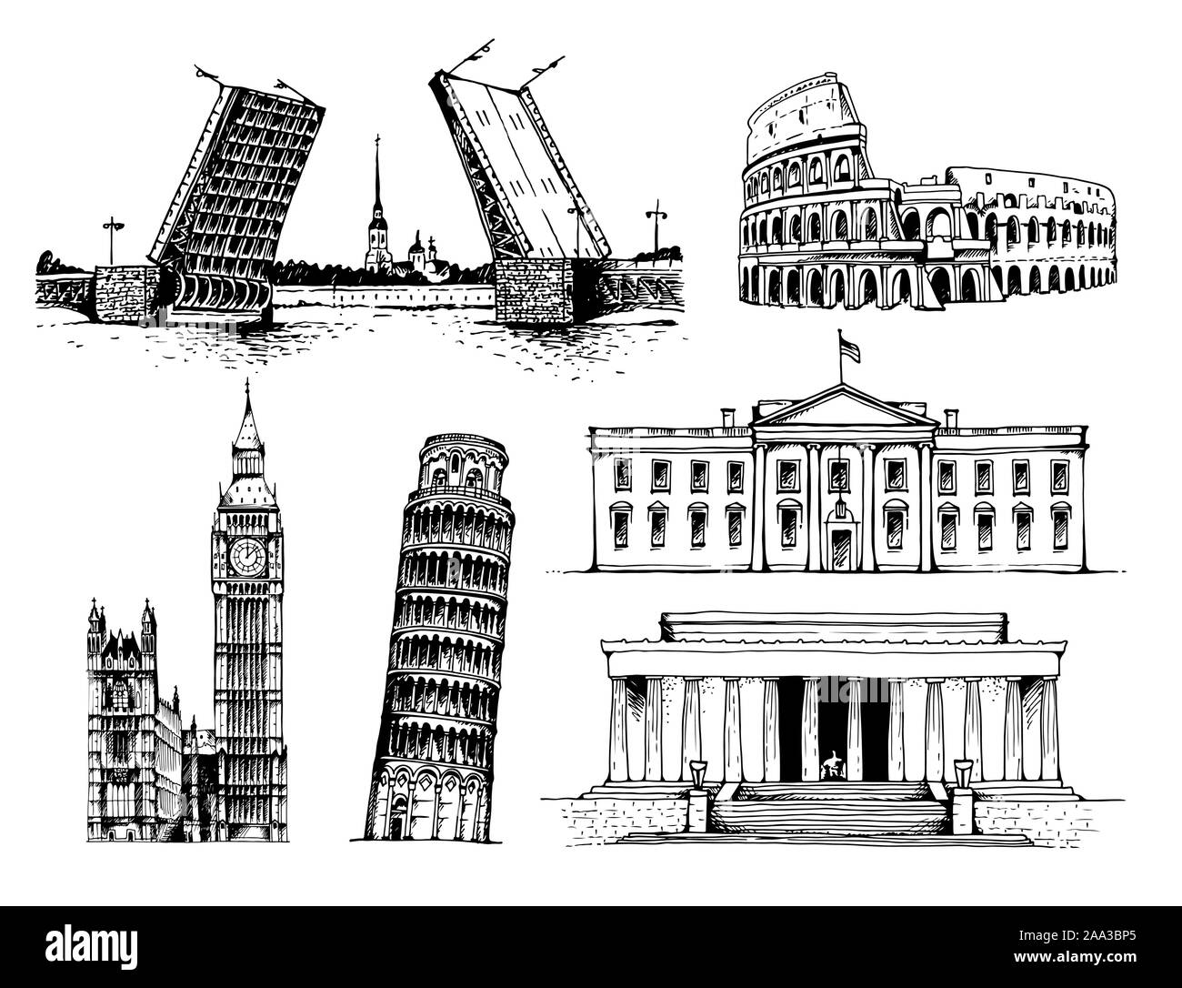 Palace Bridge und Peter und Paul Festung, das Kolosseum, das Elizabeth Tower (Big Ben), Turm von Pisa, Weißes Haus, Lincoln Memorial Vector Illustration, worl Stock Vektor