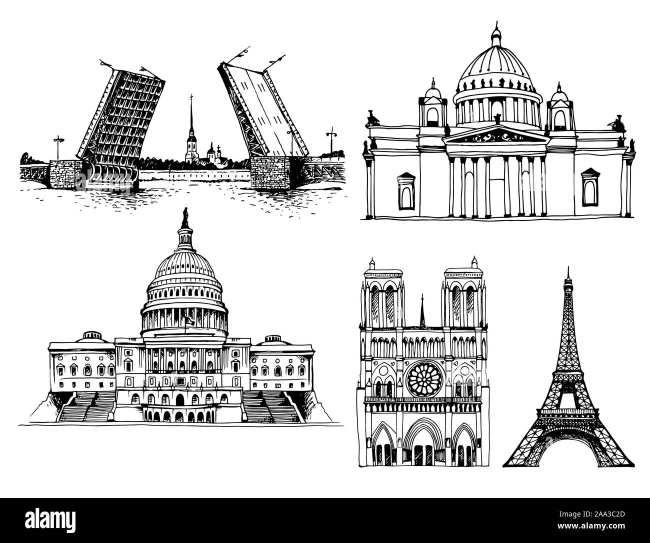 Palace Bridge, Peter-Paul-Festung und St. Isaak-Kathedrale, United States Capitol Gebäude, die Kathedrale Notre Dame de Paris und den Eiffelturm. Ve Stock Vektor