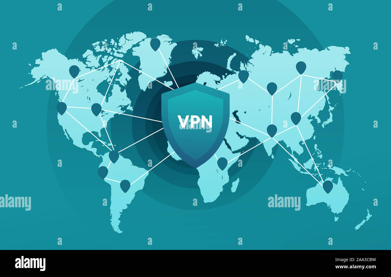 VPN-Verbindung und Servern, die auf der Weltkarte Stockfoto