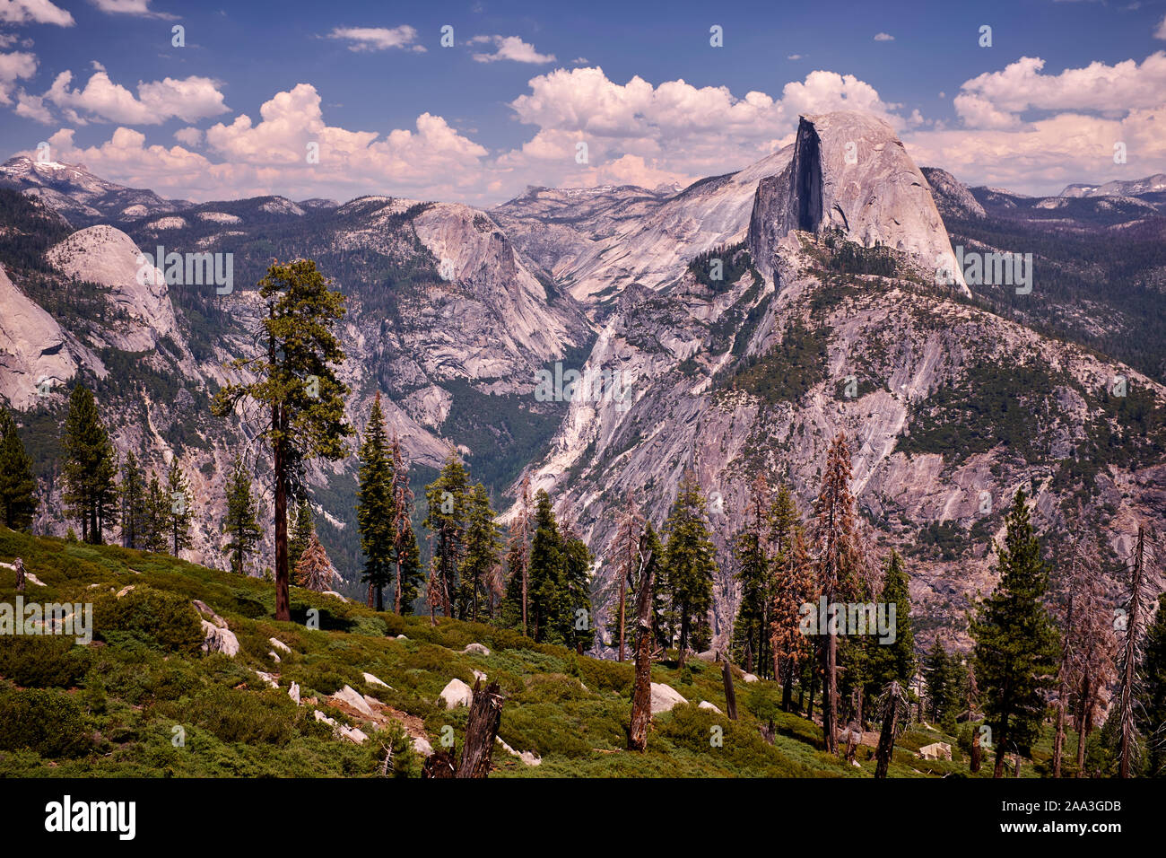 Half Dome mit Nevada und Vernal fällt im Hintergrund, Yosemite National Park, Kalifornien, USA Stockfoto