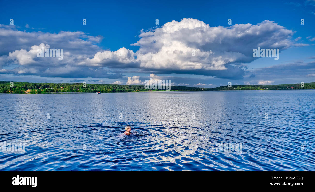 Schwedische Frau, eine allein Schwimmen in einem See Stockfoto