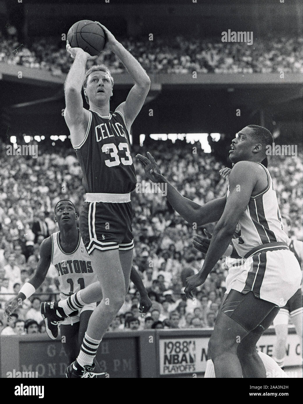 Boston Celtics #33 Larry Bird schießt Vergangenheit Detroit Pistons Isiah Thomas und Rick Mahorn in ame Maßnahmen während der 1988 NBA Endspiele in Detroit, Michigan USA Foto, Mai 1988 von Bill belknap Stockfoto