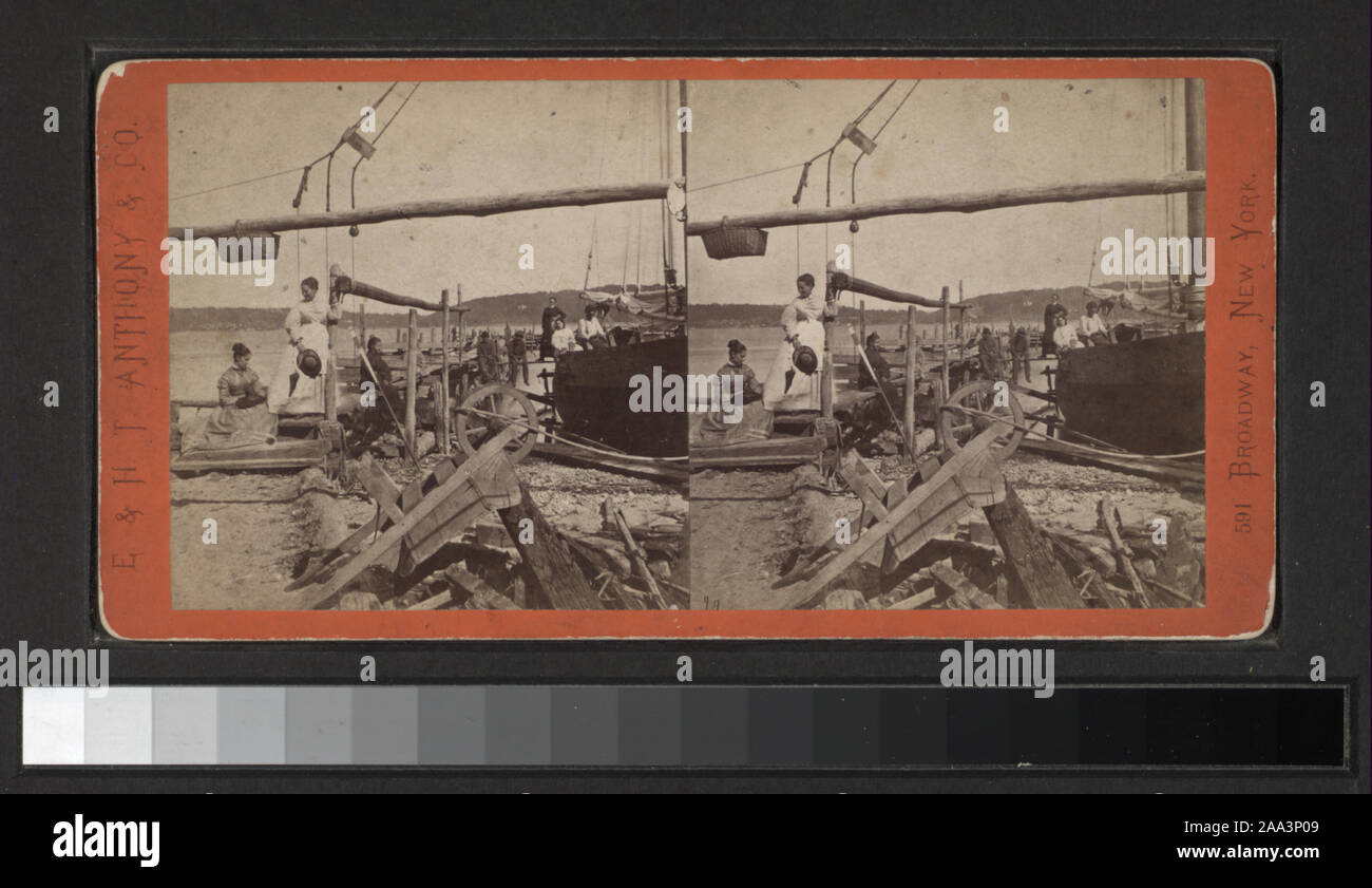 Blick von E.&HT Anthony, G.G. Rockwood, H.S. Wyer und andere Fotografen und Verlage. Outdoor Porträts. Robert Dennis Sammlung von stereoskopische Ansichten. Blick auf die Palisaden in dem westlichen Ufer des Hudson River in New York und New Jersey, mit Blick auf die Felsen, Fluss und Verkehr, Touristen, eine Fernsicht von Yonkers aus der Palisaden und Picknicken am Ft. Lee.; ein nooning unter der Palisaden, Hudson River. Stockfoto